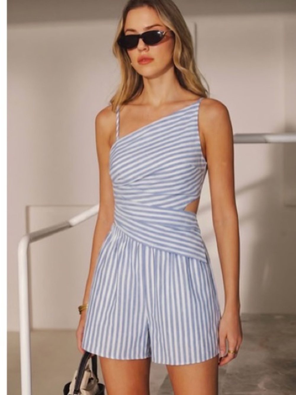 Striped cotton blend cutout two piece shorts set